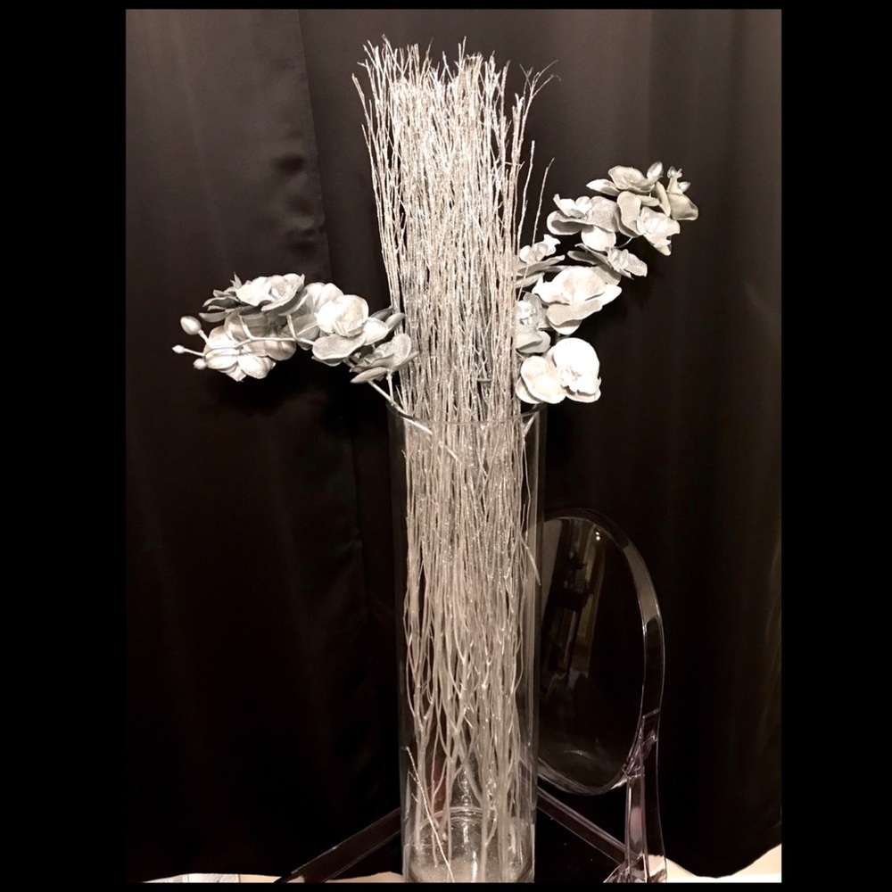 Tall metallic silver sparkly stems & orchid decor
